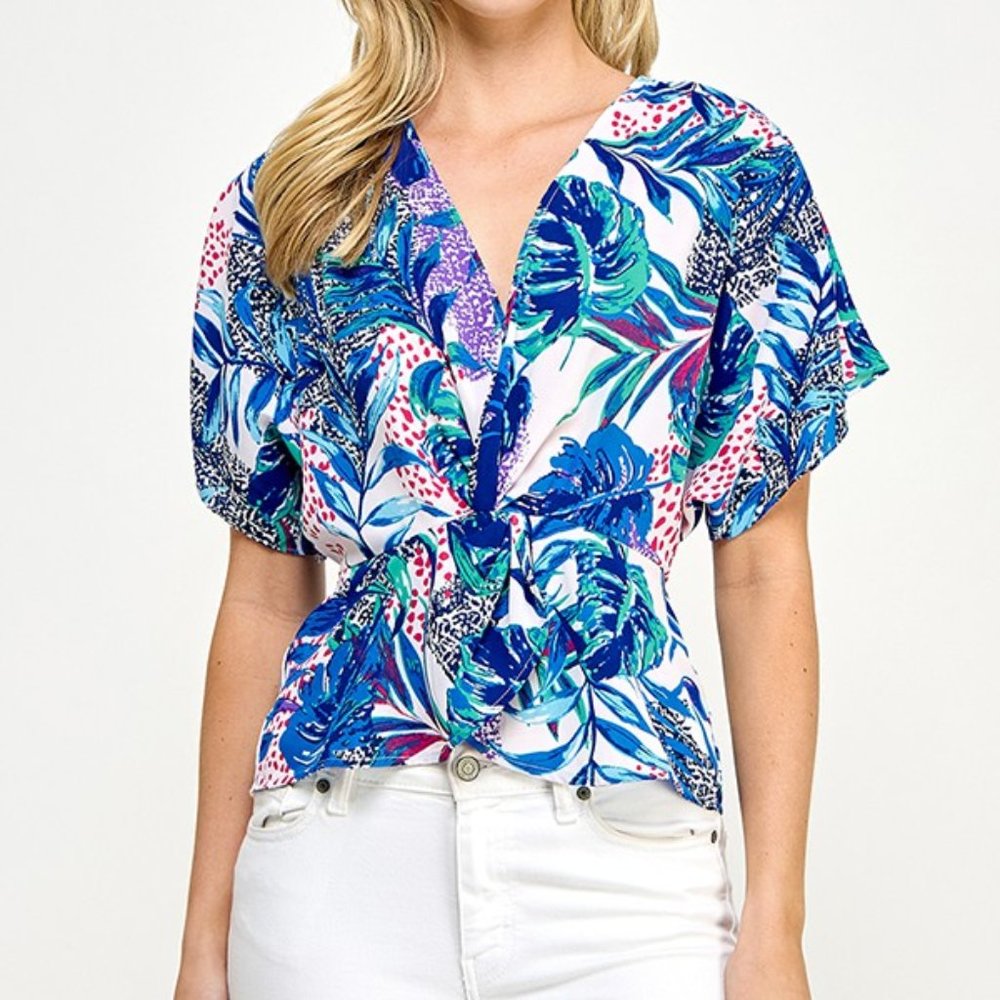 Blue Tropical Short Sleeve Dolman top